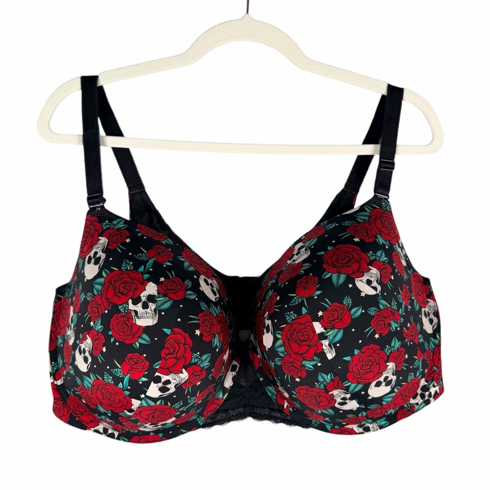 Torrid Bra 48DDD Black Red Roses Skull 360 Back Smoothing Push‎ Up T-shirt Goth